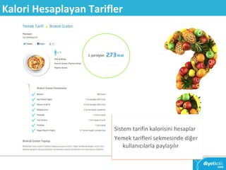Kalori Hesaplayan Tarifler 
Sistem tarifin kalorisini hesaplar 
Yemek tarifleri sekmesinde diğer 
kullanıcılarla paylaşılır 

