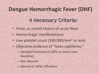 Dengue Hemorrhagic Fever (DHF)
            4 Necessary Criteria:
 •   Fever, or recent history of acute fever
 •   Hemorrhagic manifestations
 •   Low platelet count (100,000/mm3 or less)
 •   Objective evidence of “leaky capillaries:”
     – elevated hematocrit (20% or more over
       baseline)
     – low albumin
     – pleural or other effusions
 