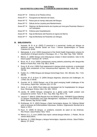 - 24 - - 25 -
GUÍA TÉCNICA:
GUIA DE PRÁCTICA CLÍNICA PARA LA ATENCIÓN DE CASOS DE DENGUE EN EL PERÚ
24
Anexo Nº 10 Criterios en la Práctica clínica.
Anexo Nº 11 Fluxograma de Atención de Casos.
Anexo Nº 12 Pasos para el manejo adecuado del Dengue.
Anexo Nº 13 Cálculo de los Líquidos para Mantenimiento.
Anexo Nº 14 Régimen de Mantenimiento de Líquidos por hora para Pacientes Obesos o
con sobrepeso.
Anexo Nº 15 Criterios para Hospitalización.
Anexo Nº 16 Hoja de Monitoreo del Paciente sin signos de Alarma
Anexo Nº 17 Hoja de Monitoreo de Pacientes con Dengue.
IX. BIBLIOGRAFÍA:
1. Azevedo, M. B. et al. (2002) O previsível e o prevenível: mortes por dengue na
epidemia carioca. Revista Saúde em Foco / Informe Epidemiológico en Saúde
Colectiva 24: 65-80.
2. Balmaseda, A. et al. (2005) Assessment of the World Health Organization scheme for
classification of dengue severity in Nicaragua. Am. J. Trop. Med. Hyg. 73(6): 1059-62.
3. Blanco, C. (2008) Dengue and Chikungunya virases in blood donations: risks to the
blood supply? Transfusin 48: 1279-81.
4. Bruce, M. G. et al. (2005) Leptospirosis among patients presenting with dengue-like
illness in Puerto Rico. Acta Trop. 96(1): 36-46.
5. Dung, N. M. et al. (1999) Fluid replacement in dengue shock syndrome: a randomized
double blind comparison of four intravenous-fluid regimens. Clin. Infect. Dis. 29(4):
787-94.
6. Gubler, D.J. (1998) Dengue and dengue hemorrhagic fever. Clin. Microbio. Rev. 11(3):
480-96.
7. Guzmán, M. G. & Kouri, G. (2004) Dengue diagnosis, advances and challenges. Int.
J.Infect. Dis. 8: 69-80.
8. Guzmán, M. G. (2004) Dengue, one of the great emerging health challenges of the
21st.century. Expert Rev. Vaccines 3(5): 511-20.
9. Harris, E. et al. (2003) Fluid intake and decreased risk for hospitalization for dengue
fever, Nicaragua. Emerg. Infect. Dis. 9(8): 1003-6.
10. Jacobs, M. (2000) Dengue: emergence as a global public health problem and
prospects for control. Trans. R. Soc. Trop. Med. Hyg. 94(1): 7-8.
11. Jaenisch T, Wills B. (2008) Results from the DENCO study. TDR/WHO Expert Meeting
on Dengue Classification and Case Management. Implications of the DENCO study.
WHO, Geneve, Sep 30-Oct 1/2008
12. Kindhauser, M. K. (2003) Dengue y fiebre hemorrágica dengue. En: Defensa Global
ante la amenaza de Enfermedades Infecciosas. Ginebra: Organización Mundial de la
Salud, p.140-3.
13. Kouri, G. (2006) El dengue, un problema creciente de salud en las Américas.
Rev.Panam. Salud Pública 19(3): 143-5.
14. Maroun, S. L. C. et al. (2008) Case report: vertical dengue infection. J. Pediatr., Rio de
Janeiro 84(6):556-9.
15. Martínez, E. (1995) Dengue y dengue hemorrágico. Aspectos clínicos. Salud Pública.
México. 37: 29-44.
GUÍA TÉCNICA:
GUIA DE PRÁCTICA CLÍNICA PARA LA ATENCIÓN DE CASOS DE DENGUE EN EL PERÚ
25
16. Martínez, E. (1997) Dengue. En: GONZÁLEZ-SALDAÑA, N. et al. Infectología clínica
pediátrica. México D.F. Editorial Trillas: 589-95.
17. Martínez, E. (2005) Dengue. Rio de Janeiro: Fiocruz.
18. Martínez, E. (2006) La prevención de la mortalidad por dengue: un espacio y un reto
para la atención primaria de salud. Rev. Panam. Salud Pública 20(1): 60-74.
19. Martínez, E. & Velásquez, J. C. (2002) Dengue. En: RUZA, F. (Ed.) Tratado de
cuidados intensivos pediátricos. 3era. Ed. Madrid. Capitel–Norma Ediciones: 1760-4.
20. MSD - Ministerio de Salud y Deportes de Bolivia (2009) Guía del manejo clínico del
dengue. La Paz, Bolivia.
21. Organización Panamericana de la Salud (1995) Dengue y dengue hemorrágico en las
Américas: guías para su prevención y control. Publicación Científica 548:1-109.
22. Pinazo, M. J. et al. (2008) Imported dengue hemorrhagic fever, Europe. Emerg.
Infect.Dis. 14(8): 1329-30.
23. Ranjit, S. et al. (2005) Aggressive management of dengue shock syndrome may
decrease mortality rate: a suggested protocol. Pediatr. Crit. Care Med. 6(4): 412-9.
24. Rigau, J. G. & Laufer, M. K. (2006) Dengue-related deaths in Puerto Rico, 1992-1996:
Diagnosis and clinical alarm signals. Clin. Infect. Dis. 42: 1241-6.
25. Setiati, T. E. et al. (2007) Dengue disease severity in Indonesian children: an
evaluation of the World Health Organization classification system. BMC Infect Dis.
7(22).
26. Setiawan, M. W. et al. (1998) Dengue hemorrhagic fever: ultrasound as an aid to
predictthe severity of the disease. Pediatr. Radiol. 28(1): 1-4. Disponible en:
http://www.biomedcentral.com/1471-2334/7/22
27. Shah, I. (2008) Dengue and liver disease. Scand J Infect Dis. 40(11/12): 993-4.
28. Shann, F. (2005) Severe dengue: coming soon to a paediatric intensive care unit near
you? Pediatr. Crit. Care Med. 6(4): 490-2.
29. Tambyah, P. A. et al. (1998) Dengue Hemorrhagic Fever transmitted by blood
transfusion. N Engl J Med 359, Vol. 14, p. 1526 – 7. Disponible en:
http://content.nejm.org/cgi/reprint/359/14/1526.pdf.
30. Venkata, P.M. et al. (2005) Role of ultrasound in dengue fever. Br. J. Radiol. 78(929):
416-8.
31. Villar-Centeno, L. A. et al. (2008) Biochemical alterations as markers of Dengue
Hemorrhagic Fever. Am. J. Trop. Med. Hyg. 78(3): 370-4.
32. Wichmann, O. et al. (2007) Severe dengue virus infection in travelers: risk factors and
laboratory indicators. J. Infect. Dis. 195: 1089-96.
33. Wilder-Amith, A. et al. (2004) Use of simple laboratory features to distinguish the early
stage of severe acute respiratory syndrome from dengue fever. Clin. Infect. Dis.
39(12): 1818-23.
34. Wills, B. A. et al. (2005) Comparison of three fluid solutions for resuscitation in dengue
shock syndrome. N. Eng. J. Med. 353(9): 877-89.
35. WHO - World Health Organization (1997) Dengue Haemorrhagic Fever. Diagnosis,
treatment, prevention and control. 2da. Ed., Geneva: 1-84. Disponible en:
http://www.who.int/csr/resources/publications/dengue/Denguepublication/en/
 