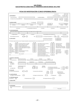- 26 - - 27 -
GUÍA TÉCNICA:
GUIA DE PRÁCTICA CLÍNICA PARA LA ATENCIÓN DE CASOS DE DENGUE EN EL PERÚ
26
ANEXO Nº 01
FLUXOGRAMA DE NOTIFICACIÓN DE CASOS PROBABLES DE DENGUE
ANEXO Nº 02
 
NO 
 
 SI 
Antecedente
Epidemiológico
de Dengue?
Paciente Febril,
< 7 días
TRIAJE Investigar otra
Etiología
Caso sospechoso de
dengue
CONSULTORIO
1
 NO NO 
SI              SI 
¿Caso probable
de dengue? c/s
señales de
alarma
Caso probable de dengue
c/s señales de alarma
¿Caso probable
de dengue grave
1
Caso probable de dengue
grave
1
Investigación Epidemiológica
de Dengue
Obtención de Muestra de
sangre
Usar Ficha Epidemiológica de
Dengue
Notifica caso probable de
Dengue
Envío a Laboratorio
Referencia/ INS
Laboratorio envía
resultados
Notifica a cabecera de Red
Notifica a DISA/ DIRESA
Notifica a DGE
Base de datos DGE
Análisis y reportes
GUÍA TÉCNICA:
GUIA DE PRÁCTICA CLÍNICA PARA LA ATENCIÓN DE CASOS DE DENGUE EN EL PERÚ
27
Sem. Epid. Nº
I. DATOS GENERALES: 1. Fecha de Investigación
2. Dirección de Salud: 3. Red Micro Red/Clas
4. Establecimiento de Salud Notificante ES I-1 ES I-3 ES II-1
ES I-2 ES I-4 ES II-2
ES III-1
II. DATOS DEL PACIENTE
M F
7. DNI Fecha de Nacim.
III. DATOS EPIDEMIOLÓGICOS
Lugar donde probablemente se produjo la actual infección. ¿En que lugar estuvo en los últimos 14 días?
1
2
20.Tuvo dengue anteriormen Si No 21. Vacunación antimalarica Si No Año
IV. DATOS CLÍNICOS
24. Sintomas ó signos (marque con una "x"según corresponda si el paciente presentó o no los síntomas descritos)
Si No Si No Si No
Fiebre Dolor abdominal intenso y continuo Hipotensión arterial
Artralgias Dolor loracido o disnera Extremidades frías
Mialgias Vómitos persistentes Pulso rápido y débil
Cefalea Dismunición brusca de la 7ªo hipotemia Oderencial de la PA<20 mmHg
Dolor ocular Disminución de la diuresis Llenado de capilar >2 segundos
Dolor lumbar Decaimiento excesivo o lipotemia
Erupción cutánea Hemalomegaba o ictericia Escala de Glasgo
Falta d apetito Disminución de plaquetas Apertura ocular (1-4)
Dolor de garganta Incremento de hematocrito Respuesta motora (1-6)
Nausea Respuesta Verbal (1-5)
Total
V. EXAMENES DE LABORATORIO
Cultivo Fecha Toma de muestra
25. Aislamiento Viral
Serología Fecha Toma de muestra
1ra. Muestra
2da. Muestra
28. PCR Fecha Toma de muestra Positivo Serotipo
Si No 30. Confrimado por laboratorio Si No
29. Antígeno NS1 Si No 31. Confrimado por nexo epidemiológico Si No
32. Sin confrimar Si
VI. EVOLUCIÓN
33. El paciente fue hospitalizado SI No 34. Evolución de la enfermedad
Fecha de fallecimiento
VII. CLASIFICACIÓN FINAL
35. Dengue sin señales de alarma 36. Dengue con señales de alrma 37. Dengue grave
VIII. PROCEDENCIA DEL CASO
38. Autóctono 39.Importado nacional 40. Importado internacional
IX. OBSERVACIONES
IX. INVESTIGARDOR
Nombre de la personaresponsable
Cargo
10. Dirección 11. Localidad (AH, Urb, Resid, etc 12. Distrito 13.Provincia 14. Departamento
5. H. Clínica Nº
6. A. Paterno A. Materno Nombres 9. Sexo8. Edad
19. Para SIG18.Localidad (Cas, AH, Urb, Resid, etc.)17. Distrito
_________________________________________
Equimosis
Firma y Sello
Año
Otros sangrados …………………………………………
Derrame seroso al examen clínico
(ascitis o derrame pleural o pencardico)
Estado mental alterado (somnolencia o
inquietud o inestabilidad)
Otros ………………………………………………….
Hematuria(sangre en la orina)
Esputo hemotoico
Ginecorragia(sangrado transvaginal)
Hematenesis(Vomito con sangre)
Metena (deposiciones negras)
Epistaxis (sangrado nasal)
Gingevorragia(sangrado de encías)
Serotipo Genotipo Negativo
22.Fecha de Incio de Síntomas
26 lg M(Titulo) 27 lg G (Titulo) Conclusión (Positivo/ Negativo)
Petequias
16. Provincia15. Departamento
Curado
Fallecido
Retenido
23.Fecha de Toma de Muestra
FICHA DE INVESTIGACIÓN CLÍNICO EPIDEMIOLÓGICA
 