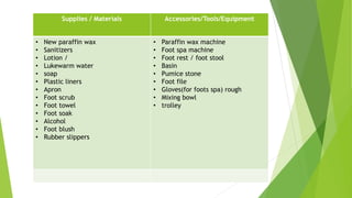 Supplies / Materials Accessories/Tools/Equipment
• New paraffin wax
• Sanitizers
• Lotion /
• Lukewarm water
• soap
• Plastic liners
• Apron
• Foot scrub
• Foot towel
• Foot soak
• Alcohol
• Foot blush
• Rubber slippers
• Paraffin wax machine
• Foot spa machine
• Foot rest / foot stool
• Basin
• Pumice stone
• Foot file
• Gloves(for foots spa) rough
• Mixing bowl
• trolley
 