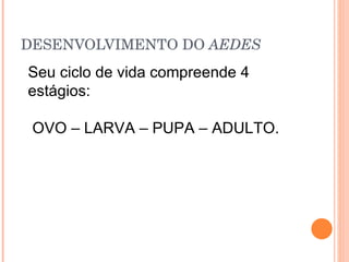 DESENVOLVIMENTO DO  AEDES Seu ciclo de vida compreende 4 estágios: OVO – LARVA – PUPA – ADULTO. 