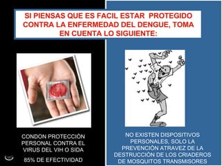 SI PIENSAS QUE ES FACIL ESTAR  PROTEGIDO CONTRA LA ENFERMEDAD DEL DENGUE, TOMA EN CUENTA LO SIGUIENTE: CONDON PROTECCIÒN PERSONAL CONTRA EL VIRUS DEL VIH O SIDA 85% DE EFECTIVIDAD NO EXISTEN DISPOSITIVOS PERSONALES, SOLO LA PREVENCIÒN ATRAVEZ DE LA DESTRUCCIÒN DE LOS CRIADEROS DE MOSQUITOS TRANSMISORES 