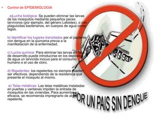 Control de EPIDEMIOLOGIA        a)Lucha biológica: Se pueden eliminar las larvas de los mosquitos mediante pequeños peces larvívoros (por ejemplo, del género Lebistes), o con plaguicidas bacterianos, en cuerpos de agua como lagos.b) Identificar los lugares transitados por el paciente con dengue en la quincena previa a la manifestación de la enfermedad.c) Lucha química: Para eliminar las larvas en fase de desarrollo puede introducirse en los depósitos de agua un larvicida inocuo para el consumo humano o el uso de cloro.d) Repelentes: los repelentes no siempre pueden ser efectivos, dependiendo de la resistencia que presente el mosquito al mismo.e) Telas metálicas: Las telas metálicas instaladas en puertas y ventanas impiden la entrada de mosquitos en las viviendas. Para aumentar su eficacia, se recomienda impregnarlo de algún repelente.