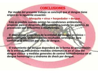  CONCLUSIONes  Por medio del presente trabajo se concluyó que el dengue tiene origen en la siguiente ecuación:                                   Mosquito + virus + hospedador = dengue. Esto es posible cuando existen las condiciones ambientales propicias para el desarrollo del mosquito y cuando las acciones de prevención son deficientes o insuficientes.         El diagnóstico presuntivo de la entidad del dengue es clínico – epidemiológico, utilizándose los resultados serológicos para confirmar la infección por virus de dengue.         El tratamiento del dengue dependerá de la forma de presentación de la entidad, indicándose medidas sintomáticas en el caso del dengue clásico  y medidas generales de control hemodinámico en el dengue hemorrágico y síndrome de shock por dengue. 
