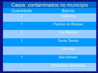 Casos  contaminados no município Quantidade Bairros 2 Lagoinha 1 Paraíso do Bosque 1 Vila Mariana 1 Santa Teresa 1 Vila Alza 1 San Genaro 1 Nossa Sra. Aparecida 