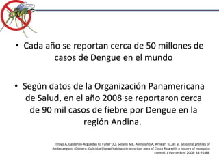 Cada año se reportan cerca de 50 millones de casos de Dengue en el mundo Según datos de la Organización Panamericana de Salud, en el año 2008 se reportaron cerca de 90 mil casos de fiebre por Dengue en la región Andina.  Troyo A, Calderón-Arguedas O, Fuller DO, Solano ME, Avendaño A, Arheart KL, et al. Seasonal profiles of Aedes aegypti (Diptera: Culicidae) larval habitats  in an urban area of Costa Rica with a history of mosquito  control. J Vector Ecol 2008; 33:76-88. 