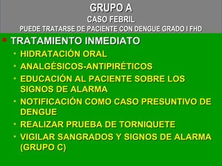 GRUPO A
                       CASO FEBRIL
     PUEDE TRATARSE DE PACIENTE CON DENGUE GRADO I FHD
   TRATAMIENTO INMEDIATO
    • HIDRATACIÓN ORAL
    • ANALGÉSICOS-ANTIPIRÉTICOS
    • EDUCACIÓN AL PACIENTE SOBRE LOS
      SIGNOS DE ALARMA
    • NOTIFICACIÓN COMO CASO PRESUNTIVO DE
      DENGUE
    • REALIZAR PRUEBA DE TORNIQUETE
    • VIGILAR SANGRADOS Y SIGNOS DE ALARMA
      (GRUPO C)
 