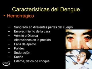 Características del Dengue
• Hemorrágico

 –   Sangrado en diferentes partes del cuerpo
 –   Enrojecimiento de la cara
 –   Vómito o Diarrea
 –   Alteraciones en la presión
 –   Falta de apetito
 –   Palidez
 –   Sudoración
 –   Sueño
 –   Edema, datos de choque.
 