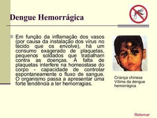 Dengue Hemorrágica Em função da inflamação dos vasos (por causa da instalação dos vírus no tecido que os envolve), há um consumo exagerado de plaquetas, pequenos soldados que trabalham contra as doenças. A falta de plaquetas interfere na homeostase do corpo - capacidade de controlar espontaneamente o fluxo de sangue. O organismo passa a apresentar uma forte tendência a ter hemorragias.  Retornar Criança chinesa Vítima da dengue hemorrágica 