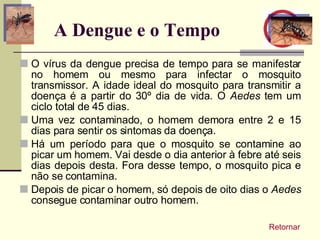 A Dengue e o Tempo O vírus da dengue precisa de tempo para se manifestar no homem ou mesmo para infectar o mosquito transmissor. A idade ideal do mosquito para transmitir a doença é a partir do 30º dia de vida. O  Aedes  tem um ciclo total de 45 dias.  Uma vez contaminado, o homem demora entre 2 e 15 dias para sentir os sintomas da doença.  Há um período para que o mosquito se contamine ao picar um homem. Vai desde o dia anterior à febre até seis dias depois desta. Fora desse tempo, o mosquito pica e não se contamina.  Depois de picar o homem, só depois de oito dias o  Aedes  consegue contaminar outro homem.  Retornar 