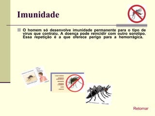 Imunidade O homem só desenvolve imunidade permanente para o tipo de vírus que contraiu. A doença pode reincidir com outro sorotipo. Essa repetição é a que oferece perigo para a hemorrágica.  Retornar 
