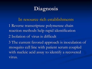 Diagnosis
In resource rich establishments
1 Reverse transcriptase polymerase chain
reaction methods help rapid identification
2 Isolation of virus is difficult
3 The current favored approach is inoculation of
mosquito cell line with patient serum coupled
with nucleic acid assay to identify a recovered
virus.
 