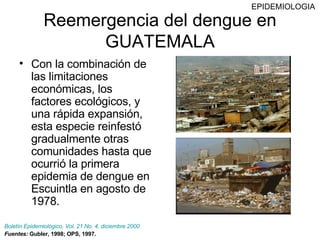 Reemergencia del dengue en GUATEMALA Con la combinación de las limitaciones económicas, los factores ecológicos, y una rápida expansión, esta especie reinfestó gradualmente otras comunidades hasta que ocurrió la primera epidemia de dengue en Escuintla en agosto de 1978. Boletín Epidemiológico, Vol. 21 No. 4, diciembre 2000 Fuentes:  Gubler, 1998; OPS, 1997. EPIDEMIOLOGIA 