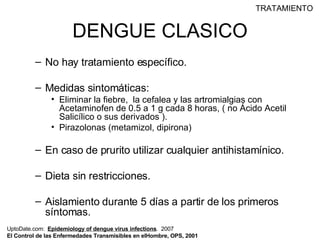 DENGUE CLASICO No hay tratamiento específico. Medidas sintomáticas:  Eliminar la fiebre,  la cefalea y las artromialgias con Acetaminofen de 0.5 a 1 g cada 8 horas, ( no Ácido Acetil Salicílico o sus derivados ). Pirazolonas (metamizol, dipirona) En caso de prurito utilizar cualquier antihistamínico. Dieta sin restricciones. Aislamiento durante 5 días a partir de los primeros síntomas. TRATAMIENTO UptoDate.com:  Epidemiology of dengue virus infections .  2007 El Control de las Enfermedades Transmisibles en elHombre, OPS, 2001 