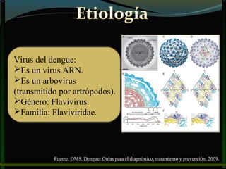Virus del dengue:
Es un virus ARN.
Es un arbovirus
(transmitido por artrópodos).
Género: Flavivirus.
Familia: Flaviviridae.




           Fuente: OMS. Dengue: Guías para el diagnóstico, tratamiento y prevención. 2009.
 