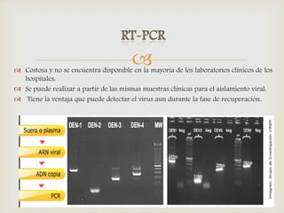  Costosa y no se encuentra disponible en la mayoría de los laboratorios clínicos de los
hospitales.
 Se puede realizar a partir de las mismas muestras clínicas para el aislamiento viral.
 Tiene la ventaja que puede detectar el virus aun durante la fase de recuperación.
 