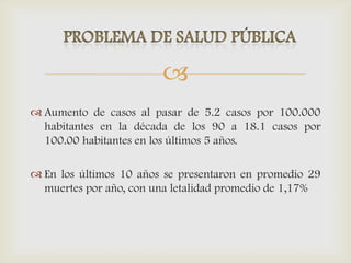 
 Aumento de casos al pasar de 5.2 casos por 100.000
habitantes en la década de los 90 a 18.1 casos por
100.00 habitantes en los últimos 5 años.
 En los últimos 10 años se presentaron en promedio 29
muertes por año, con una letalidad promedio de 1,17%
 