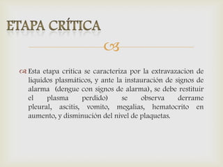 
 Esta etapa critica se caracteriza por la extravazacion de
liquidos plasmáticos, y ante la instauración de signos de
alarma (dengue con signos de alarma), se debe restituir
el plasma perdido) se observa derrame
pleural, ascitis, vomito, megalias, hematocrito en
aumento, y disminución del nivel de plaquetas.
 