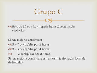 
 Bolo de 20 cc / kg y repetir hasta 2 veces según
evolucion
Si hay mejoria continuar:
 5 – 7 cc/kg/dia por 2 horas
 3 – 5 cc/kg/dia por 4 horas
 2 cc/kg/dia por 2 horas
Si hay mejoria continuara a mantenimiento según formula
de holliday
Grupo C
 