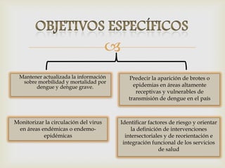 
Mantener actualizada la información
sobre morbilidad y mortalidad por
dengue y dengue grave.
Predecir la aparición de brotes o
epidemias en áreas altamente
receptivas y vulnerables de
transmisión de dengue en el país
Monitorizar la circulación del virus
en áreas endémicas o endemo-
epidémicas
Identificar factores de riesgo y orientar
la definición de intervenciones
intersectoriales y de reorientación e
integración funcional de los servicios
de salud
 