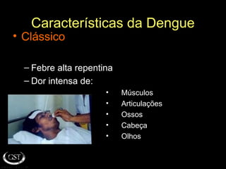 Características da Dengue
• Clássico
– Febre alta repentina
– Dor intensa de:
• Músculos
• Articulações
• Ossos
• Cabeça
• Olhos
 