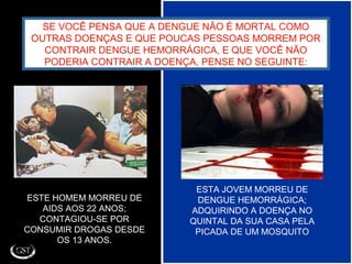 SE VOCÊ PENSA QUE A DENGUE NÃO É MORTAL COMO
OUTRAS DOENÇAS E QUE POUCAS PESSOAS MORREM POR
CONTRAIR DENGUE HEMORRÁGICA, E QUE VOCÊ NÃO
PODERIA CONTRAIR A DOENÇA, PENSE NO SEGUINTE:
ESTE HOMEM MORREU DE
AIDS AOS 22 ANOS;
CONTAGIOU-SE POR
CONSUMIR DROGAS DESDE
OS 13 ANOS.
ESTA JOVEM MORREU DE
DENGUE HEMORRÁGICA;
ADQUIRINDO A DOENÇA NO
QUINTAL DA SUA CASA PELA
PICADA DE UM MOSQUITO
 