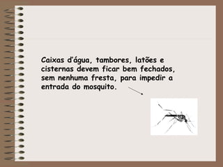 Caixas d’água, tambores, latões e
cisternas devem ficar bem fechados,
sem nenhuma fresta, para impedir a
entrada do mosquito.
 