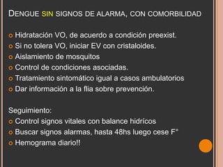 DENGUE SIN SIGNOS DE ALARMA, CON COMORBILIDAD
Hidratación VO, de acuerdo a condición preexist.
 Si no tolera VO, iniciar EV con cristaloides.
 Aislamiento de mosquitos
 Control de condiciones asociadas.
 Tratamiento sintomático igual a casos ambulatorios
 Dar información a la flia sobre prevención.


Seguimiento:
 Control signos vitales con balance hidrícos
 Buscar signos alarmas, hasta 48hs luego cese F°
 Hemograma diario!!

 