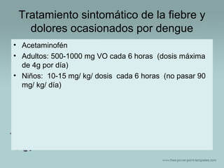 Tratamiento sintomático de la fiebre y
dolores ocasionados por dengue
• Acetaminofén
• Adultos: 500-1000 mg VO cada 6 horas (dosis máxima
de 4g por día)
• Niños: 10-15 mg/ kg/ dosis cada 6 horas (no pasar 90
mg/ kg/ día)

 