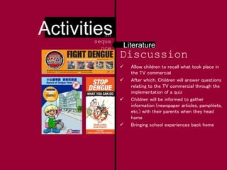 Discussion
 Allow children to recall what took place in
the TV commercial
 After which, Children will answer questions
relating to the TV commercial through the
implementation of a quiz
 Children will be informed to gather
information (newspaper articles, pamphlets,
etc.) with their parents when they head
home
 Bringing school experiences back home
Literature
Activitiesin
seque
nce
 