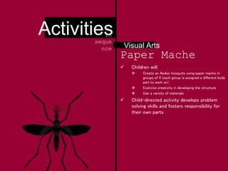 Paper Mache
 Children will:
 Create an Aedes mosquito using paper mache in
groups of 4 (each group is assigned a different body
part to work on)
 Exercise creativity in developing the structure
 Use a variety of materials
 Child-directed activity develops problem
solving skills and fosters responsibility for
their own parts
Visual Arts
Activitiesin
seque
nce
 