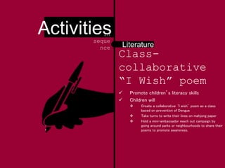 Class-
collaborative
“I Wish” poem
 Promote children’s literacy skills
 Children will
 Create a collaborative ‘I wish’ poem as a class
based on prevention of Dengue
 Take turns to write their lines on mahjong paper
 Hold a mini-ambassador reach out campaign by
going around parks or neighbourhoods to share their
poems to promote awareness.
Literature
Activitiesin
seque
nce
 