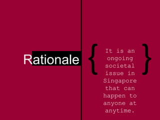 { }It is an
ongoing
societal
issue in
Singapore
that can
happen to
anyone at
anytime.
Rationale
 