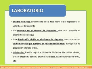 LABORATORIO 
• Cuadro Hemático determinado en la fase febril inicial representa el 
valor basal del paciente 
• Un descenso en el número de Leucocitos hace más probable el 
diagnóstico de dengue 
• Una disminución rápida en el número de plaquetas, concurrente con 
un hematocrito que aumenta en relación con el basal, es sugestiva de 
progresión a la fase critica. 
• Adicionales: Función hepática, Glucemia, Albúmina, Electrolitos séricos, 
Urea y creatinina séricos, Enzimas cardiacas, Examen parcial de orina, 
etc. 
Guía para la atención de los enfermos en la región de las Américas. Organización Panamericana de Salud. Bolivia. 2012 
 