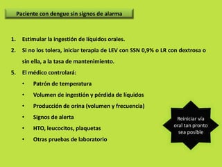 Paciente con dengue sin signos de alarma 
1. Estimular la ingestión de líquidos orales. 
2. Si no los tolera, iniciar terapia de LEV con SSN 0,9% o LR con dextrosa o 
sin ella, a la tasa de mantenimiento. 
5. El médico controlará: 
• Patrón de temperatura 
• Volumen de ingestión y pérdida de líquidos 
• Producción de orina (volumen y frecuencia) 
• Signos de alerta 
• HTO, leucocitos, plaquetas 
• Otras pruebas de laboratorio 
Reiniciar vía 
oral tan pronto 
sea posible 
 