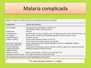 Malaria complicada 
* En niños diuresis menor a 1 ml/Kg 
 