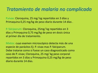Tratamiento de malaria no complicada 
P.vivax: Cloroquina, 25 mg/ kg repartidos en 3 días y 
Primaquina 0,25 mg/kg de peso diario durante 14 días . 
P. falciparum: Cloroquina, 25mg/ kg repartidos en 3 
días y Primaquina 0,75 mg/kg de peso en dosis única 
el primer día de tratamiento. 
Mixtos: cuyo examen microscópico detecta más de una 
especie de parásitos Ej: P. vivax mas P. falciparum. 
Debe tratarse como si fuese un caso diagnosticado como 
caso de P. vivax; Cloroquina, 25 mg/ kg peso corporal 
repartidos en 3 días y Primaquina 0,25 mg/kg de peso 
diario durante 14 días. 
 