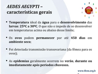  Temperatura ideal da água para o desenvolvimento das 
larvas: 25ºC a 30ºC. O que não o impede de se desenvolver 
em temperaturas acima ou abaixo desse limite; 
 Os ovos podem permanecer por até 450 dias em 
ambiente seco; 
 Foi detectada transmissão transovariana (da fêmea para os 
ovos); 
 As epidemias geralmente ocorrem no verão, durante ou 
imediatamente após períodos chuvosos. 
www.flem.org.b 
r 
AEDES AEGYPTI – 
características gerais 
 