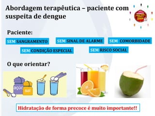 Abordagem terapêutica – paciente com 
suspeita de dengue 
Paciente: 
SEM SANGRAMENTO SEM COMORBIDADE 
SEM CONDIÇÃO ESPECIAL 
O que orientar? 
SEM SINAL DE ALARME 
SEM RISCO SOCIAL 
Hidratação de forma precoce é muito importante!! 
 