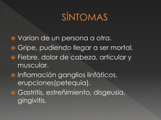  Varían de un persona a otra. 
 Gripe, pudiendo llegar a ser mortal. 
 Fiebre, dolor de cabeza, articular y 
muscular. 
 Inflamación ganglios linfáticos, 
erupciones(petequia). 
 Gastritis, estreñimiento, disgeusia, 
gingivitis. 
 