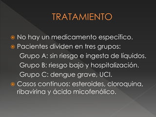  No hay un medicamento específico. 
 Pacientes dividen en tres grupos: 
Grupo A: sin riesgo e ingesta de líquidos. 
Grupo B: riesgo bajo y hospitalización. 
Grupo C: dengue grave, UCI. 
 Casos continuos: esteroides, cloroquina, 
ribavirina y ácido micofenólico. 
