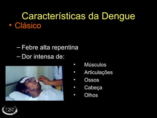 Características da Dengue
• Clásico
– Febre alta repentina
– Dor intensa de:
• Músculos
• Articulações
• Ossos
• Cabeça
• Olhos
 