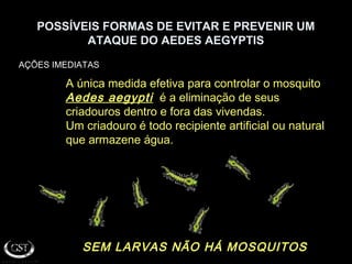 POSSÍVEIS FORMAS DE EVITAR E PREVENIR UM
ATAQUE DO AEDES AEGYPTIS
AÇÕES IMEDIATAS
SEM LARVAS NÃO HÁ MOSQUITOSSEM LARVAS NÃO HÁ MOSQUITOS
A única medida efetiva para controlar o mosquito
Aedes aegyptiAedes aegypti é a eliminação de seus
criadouros dentro e fora das vivendas.
Um criadouro é todo recipiente artificial ou natural
que armazene água.
 