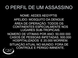 O PERFIL DE UM ASSASSINO
NOME: AEDES AEGYPTIS
APELIDO: MOSQUITO DA DENGUE
ÁREA DE OPERAÇÃO: TODOS OS
CONTINENTES ESPECIALMENTE NOS
LUGARES SUB-TROPICAIS.
NÚMERO DE VÍTIMAS POR ANO: 50.000 000
CASOS DE PESSOAS INFETADAS, 500.000
HOSPITALIZADOS E 20.000 MORREM.
SITUAÇÃO ATUAL NO MUNDO: FORA DE
CONTROLE E PERIGO IMINENTE.
 