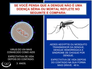 SE VOCÊ PENSA QUE A DENGUE NÃO É UMA
DOENÇA SÉRIA OU MORTAL REFLETE NO
SEGUINTE E COMPARA:
VIRUS DO VIH MAIS
CONHECIDO COMO AIDS
EXPECTATIVA DE VIDA
DEPOIS DO CONTÁGIO:
3 ANOS.
AEDES AEGYPTIS OU MOSQUITO
TRANSMISSOR DA DENGUE,
DENGUE HEMORRÁGICA E
SINDROME DE CHOQUE POR
DENGUE.
EXPECTATIVA DE VIDA DEPOIS
DO CONTÁGIO NA SUA FORMA
MAIS GRAVE: 48 hr.
 