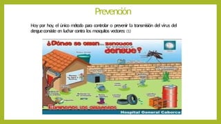 Hoy por hoy, el único método para controlar o prevenir la transmisión del virus del
dengueconsiste en luchar contra los mosquitos vectores: (1)
Prevención
 