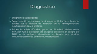 Diagnostico
 Diagnostico Especificado:
 Seroconversión o aumento de 4 veces los títulos de anticuerpos
totales por la técnica de inhibición de la hemaglutinación,
neutralización, Ig M o similares.
 Evidencia de infección viral aguda: por aislamiento, detección de
RNA por PCR o detección de antígeno circulante en sangre por
ELISA o de antígeno depositado en hígado por técnicas
inmunohistoquímicas, como inmunoperoxidasa.
 