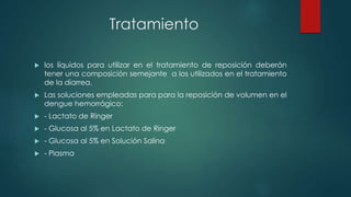 Tratamiento
 los líquidos para utilizar en el tratamiento de reposición deberán
tener una composición semejante a los utilizados en el tratamiento
de la diarrea.
 Las soluciones empleadas para para la reposición de volumen en el
dengue hemorrágico:
 - Lactato de Ringer
 - Glucosa al 5% en Lactato de Ringer
 - Glucosa al 5% en Solución Salina
 - Plasma
 