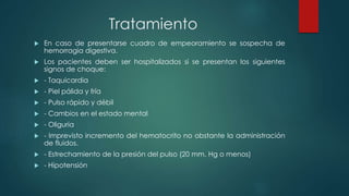 Tratamiento
 En caso de presentarse cuadro de empeoramiento se sospecha de
hemorragia digestiva.
 Los pacientes deben ser hospitalizados si se presentan los siguientes
signos de choque:
 - Taquicardia
 - Piel pálida y fría
 - Pulso rápido y débil
 - Cambios en el estado mental
 - Oliguria
 - Imprevisto incremento del hematocrito no obstante la administración
de fluidos.
 - Estrechamiento de la presión del pulso (20 mm. Hg o menos)
 - Hipotensión
 